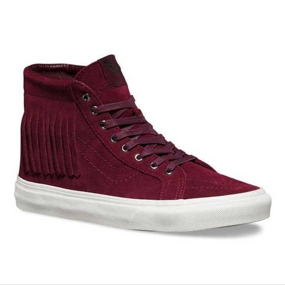 Vans Shoes - Vans Sk8 HI Mock Suede Womens High Tops Boho Fringe Sneakers Red Berry Size US 8